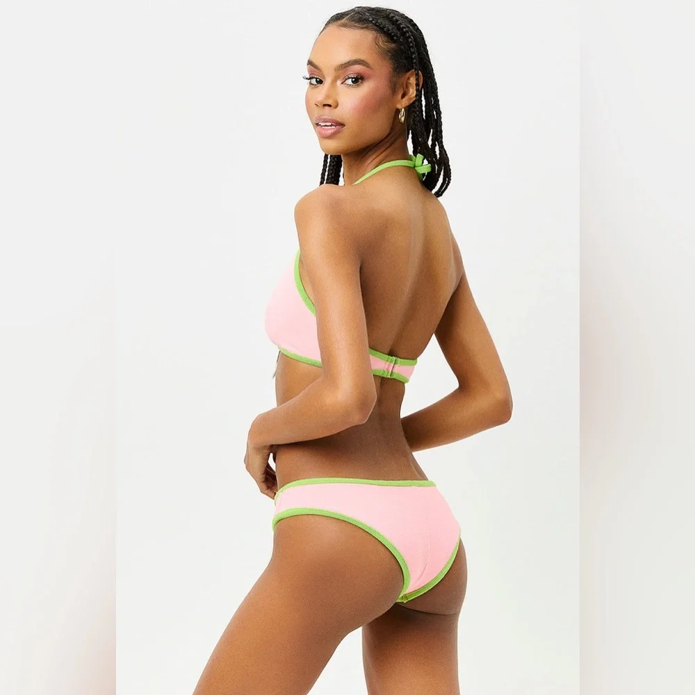 NWT Frankie's Bikinis Sawyer Terry Halter Bikini Top | Pink & Green | XS